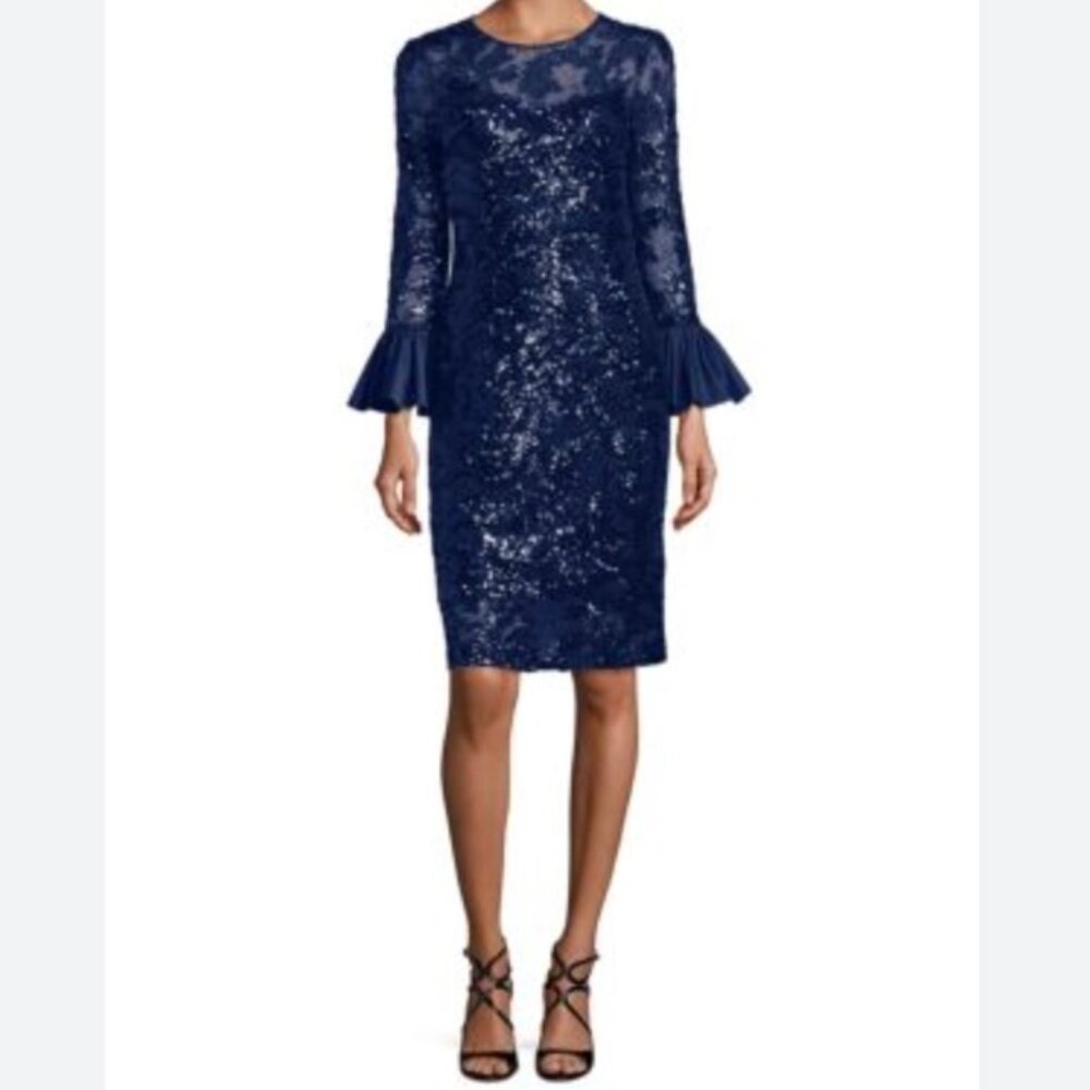 Teri Jon Ricki Freeman Sequined Bell Sleeve Sheath Dress Navy Blue Sequins sz 8